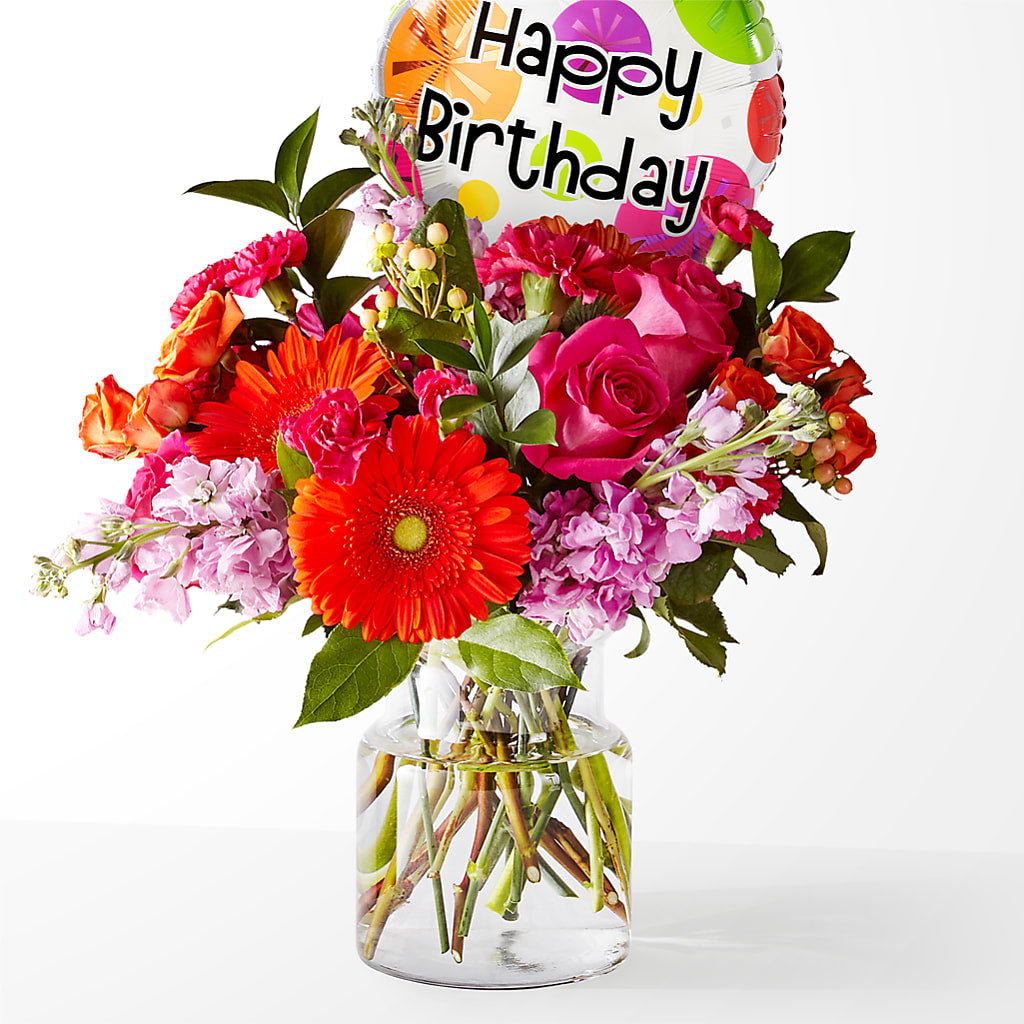 Fiesta Bouquet with Birthday Balloon – My Touch Flowers, Watsonville CA