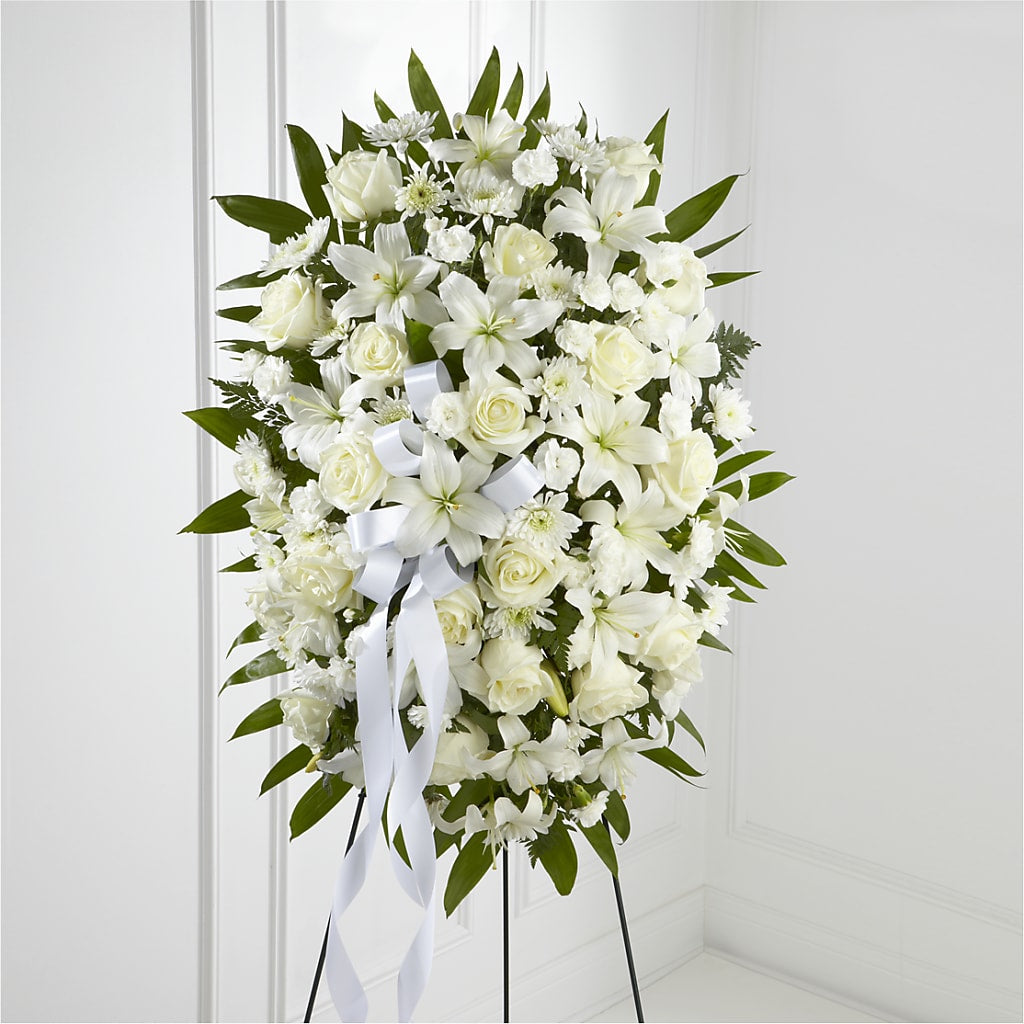 Exquisite Tribute Standing Spray-White Ribbon – My Touch Flowers, Watsonville CA