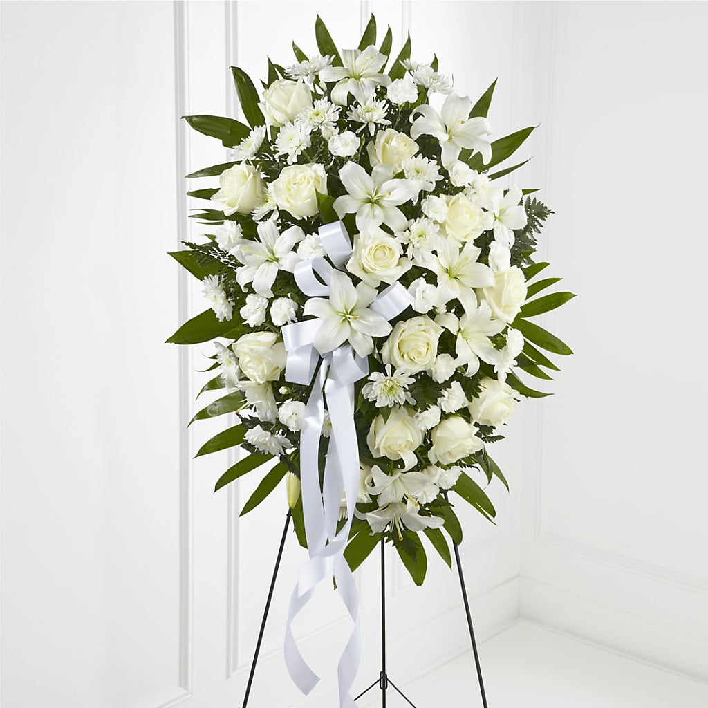 Exquisite Tribute Standing Spray-White Ribbon – My Touch Flowers, Watsonville CA