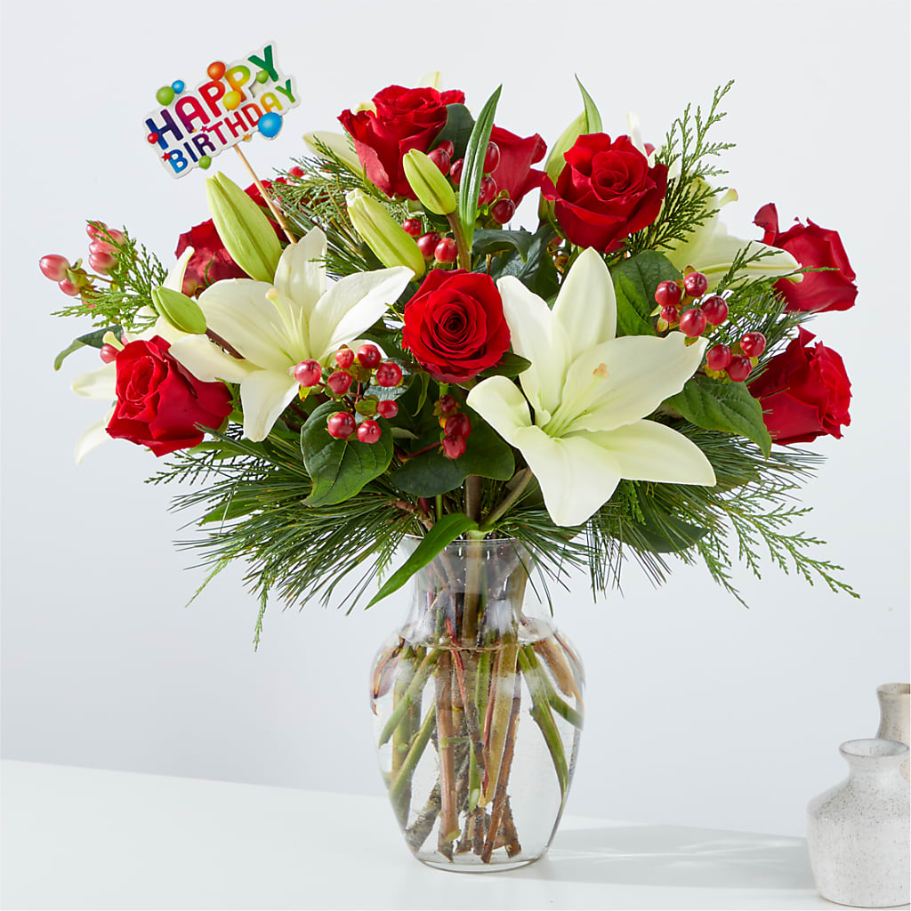 Evergreen Delight Bouquet & Happy Birthday Topper